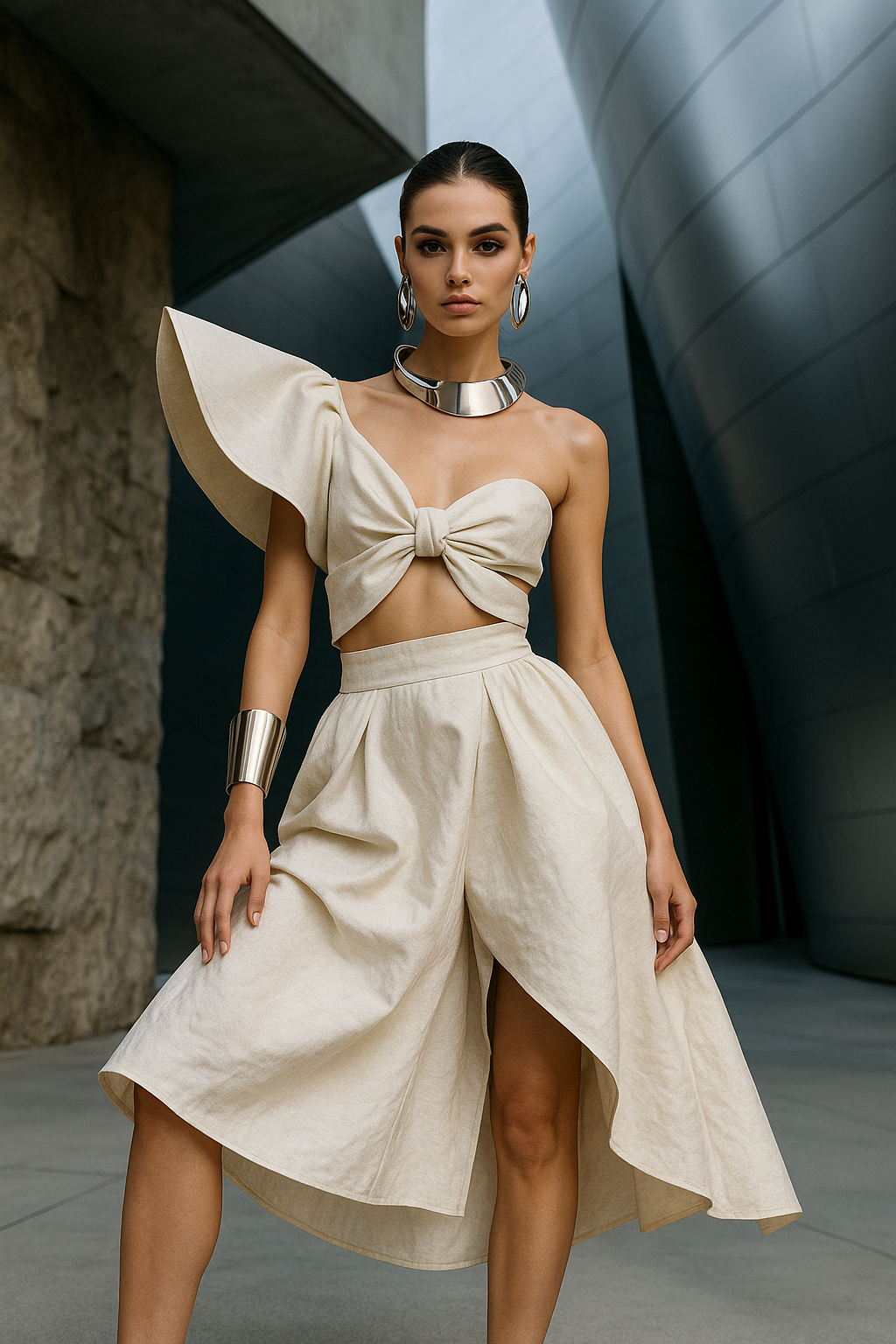 Woman in sage linen set - third view